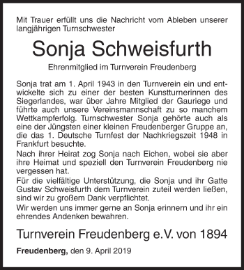 Traueranzeige von Sonja Schweisfurth von Siegener Zeitung
