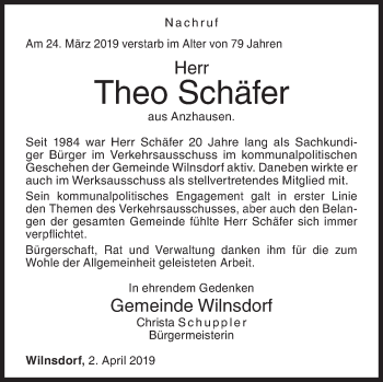 Traueranzeige von Theo Schäfer von Siegener Zeitung