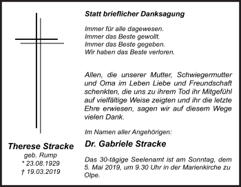 Traueranzeige von Therese Stracke von Siegener Zeitung