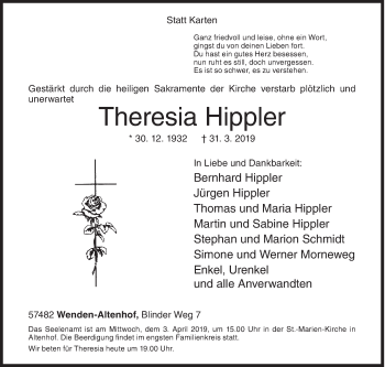 Traueranzeige von Theresia Hippler von Siegener Zeitung