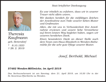 Traueranzeige von Theresia Kaufmann von Siegener Zeitung