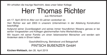 Traueranzeige von Thomas Richter von Siegener Zeitung
