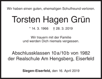 Traueranzeige von Torsten Hagen Grün von Siegener Zeitung