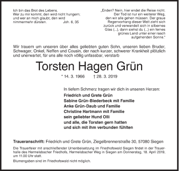 Traueranzeige von Torsten Hagen Grün von Siegener Zeitung