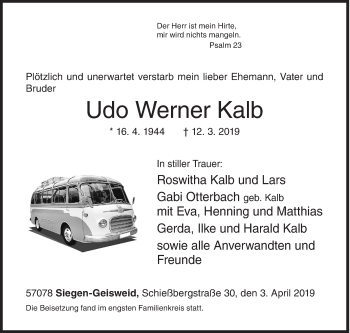 Traueranzeige von Udo Werner Kalb von Siegener Zeitung