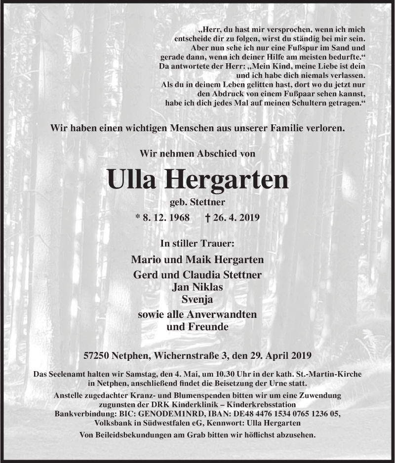  Traueranzeige für Ulla Hergarten vom 29.04.2019 aus Siegener Zeitung