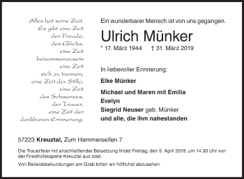 Traueranzeige von Ulrich Münker von Siegener Zeitung