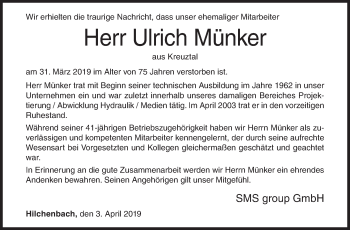 Traueranzeige von Ulrich Münker von Siegener Zeitung