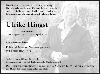Traueranzeige von Ulrike Hingst von Siegener Zeitung