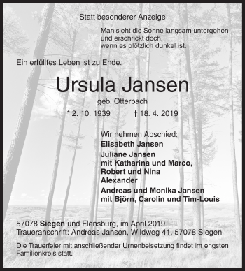 Traueranzeige von Ursula Jansen von Siegener Zeitung