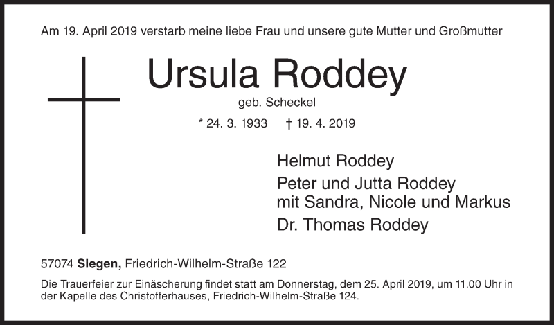  Traueranzeige für Ursula Roddey vom 23.04.2019 aus Siegener Zeitung