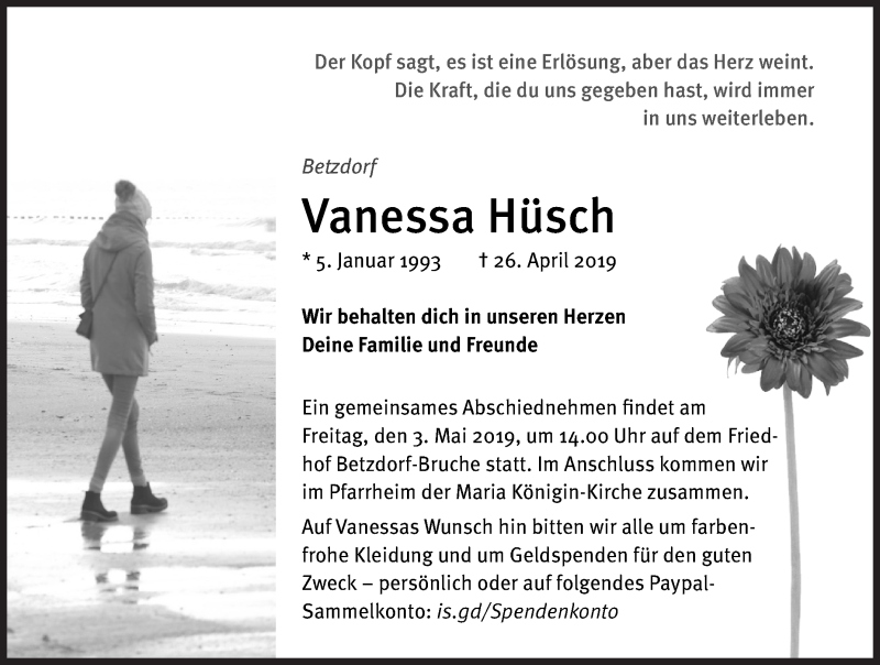  Traueranzeige für Vanessa Hüsch vom 30.04.2019 aus Siegener Zeitung