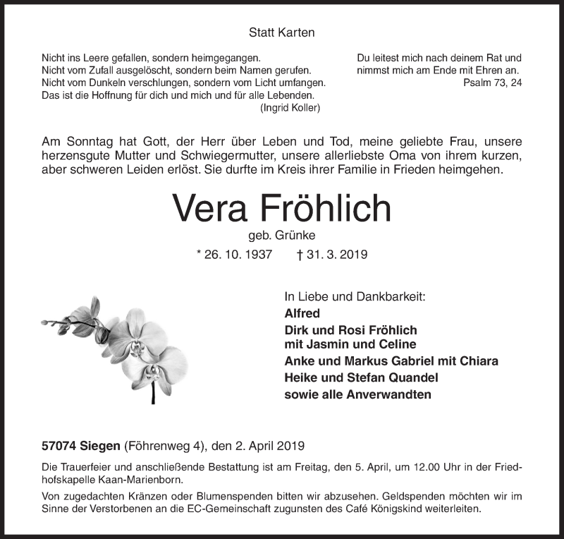  Traueranzeige für Vera Fröhlich vom 02.04.2019 aus Siegener Zeitung