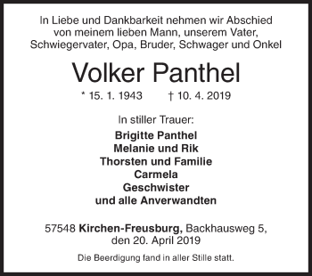 Traueranzeige von Volker Panthel von Siegener Zeitung
