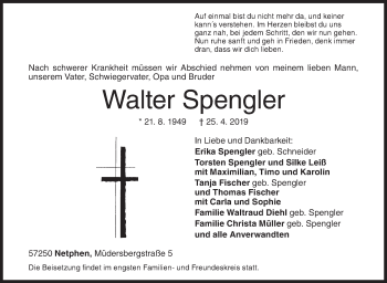 Traueranzeige von Walter Spengler von Siegener Zeitung