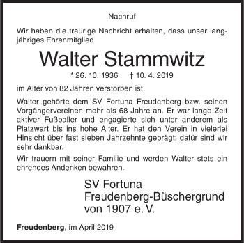 Traueranzeige von Walter Stammwitz von Siegener Zeitung