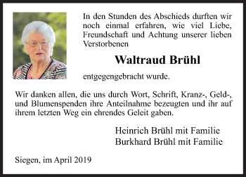 Traueranzeige von Waltraud Brühl von Siegener Zeitung