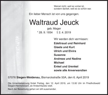 Traueranzeige von Waltraud Jeuck von Siegener Zeitung