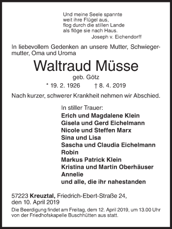 Traueranzeige von Waltraud Müsse von Siegener Zeitung