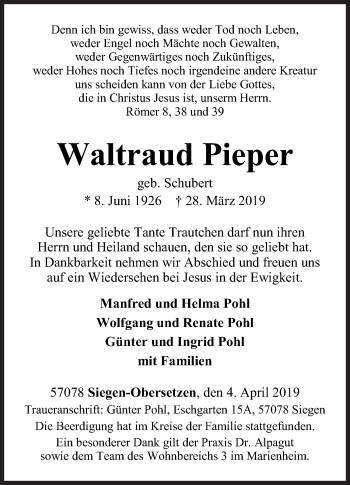 Traueranzeige von Waltraud Pieper von Siegener Zeitung
