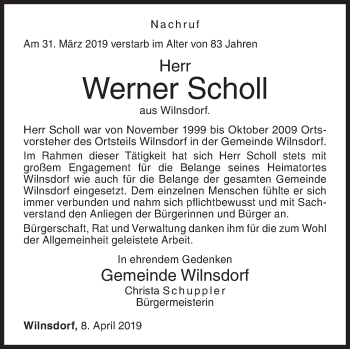 Traueranzeige von Werner Scholl von Siegener Zeitung