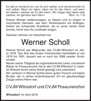 Traueranzeige von Werner Scholl von Siegener Zeitung