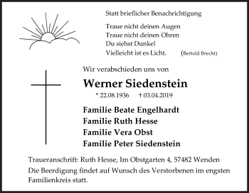 Traueranzeige von Werner Siedenstein von Siegener Zeitung
