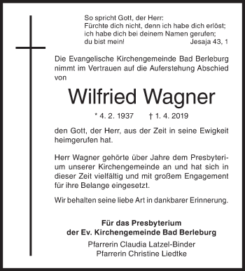 Traueranzeige von Wilfried Wagner von Siegener Zeitung