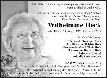 Traueranzeige von Wilhelmine Heck von Siegener Zeitung