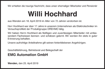 Traueranzeige von Willi Hochhard von Siegener Zeitung