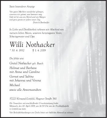Traueranzeige von Willi Nothacker von Siegener Zeitung