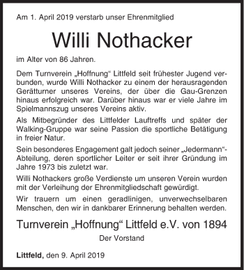 Traueranzeige von Willi Nothacker von Siegener Zeitung