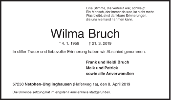 Traueranzeige von Wilma Bruch von Siegener Zeitung