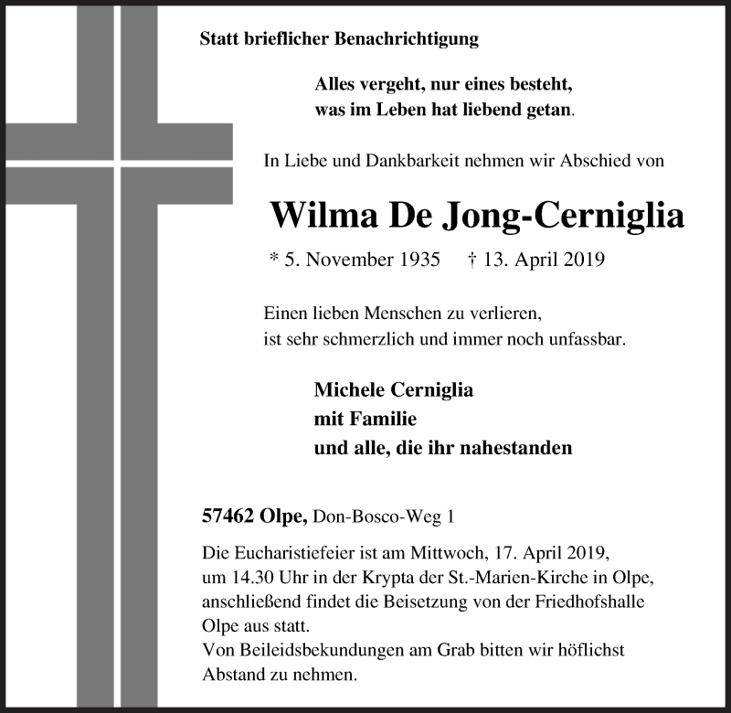  Traueranzeige für Wilma De Jong-Cerniglia vom 15.04.2019 aus Siegener Zeitung
