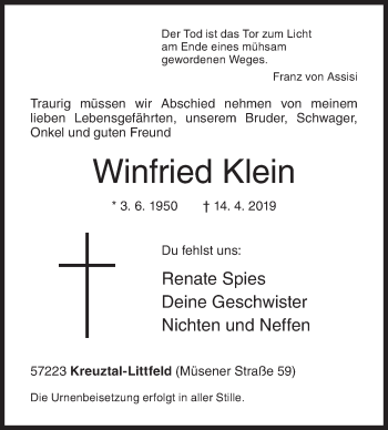 Traueranzeige von Winfried Klein von Siegener Zeitung