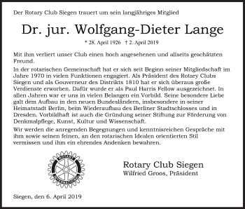 Traueranzeige von Wolfgang-Dieter Lange von Siegener Zeitung
