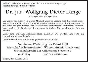 Traueranzeige von Wolfgang-Dieter Lange von Siegener Zeitung