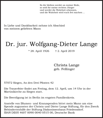Traueranzeige von Wolfgang-Dieter Lange von Siegener Zeitung