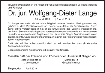 Traueranzeige von Wolfgang-Dieter Lange von Siegener Zeitung