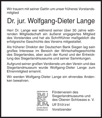 Traueranzeige von Wolfgang-Dieter Lange von Siegener Zeitung