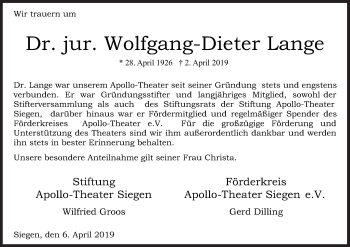 Traueranzeige von Wolfgang-Dieter Lange von Siegener Zeitung