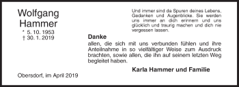 Traueranzeige von Wolfgang Hammer von Siegener Zeitung