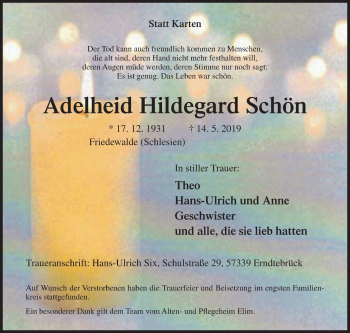 Traueranzeige von Adelheid Hildegard Schön von Siegener Zeitung