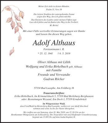 Traueranzeige von Adolf Althaus von Siegener Zeitung