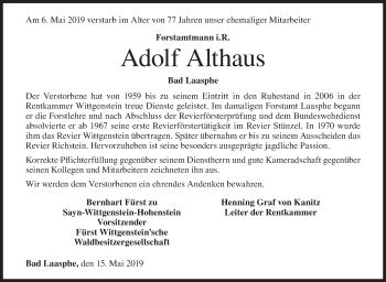 Traueranzeige von Adolf Althaus von Siegener Zeitung
