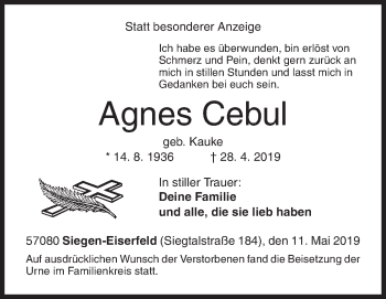 Traueranzeige von Agnes Cebul von Siegener Zeitung