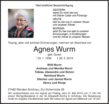 Traueranzeige von Agnes Wurm von Siegener Zeitung