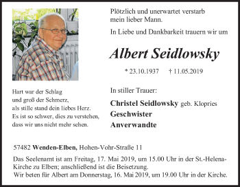 Traueranzeige von Albert Seidlowsky von Siegener Zeitung