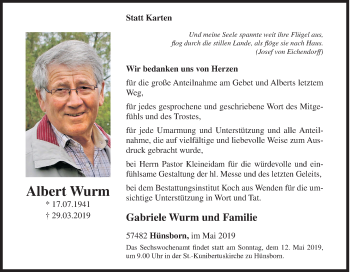 Traueranzeige von Albert Wurm von Siegener Zeitung