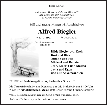 Traueranzeige von Alfred Biegler von Siegener Zeitung